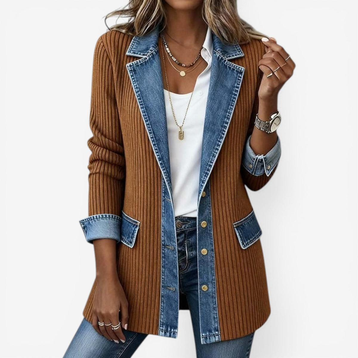 Veste Femme Boutonnée À Col Superposé Et Matières Mixtes