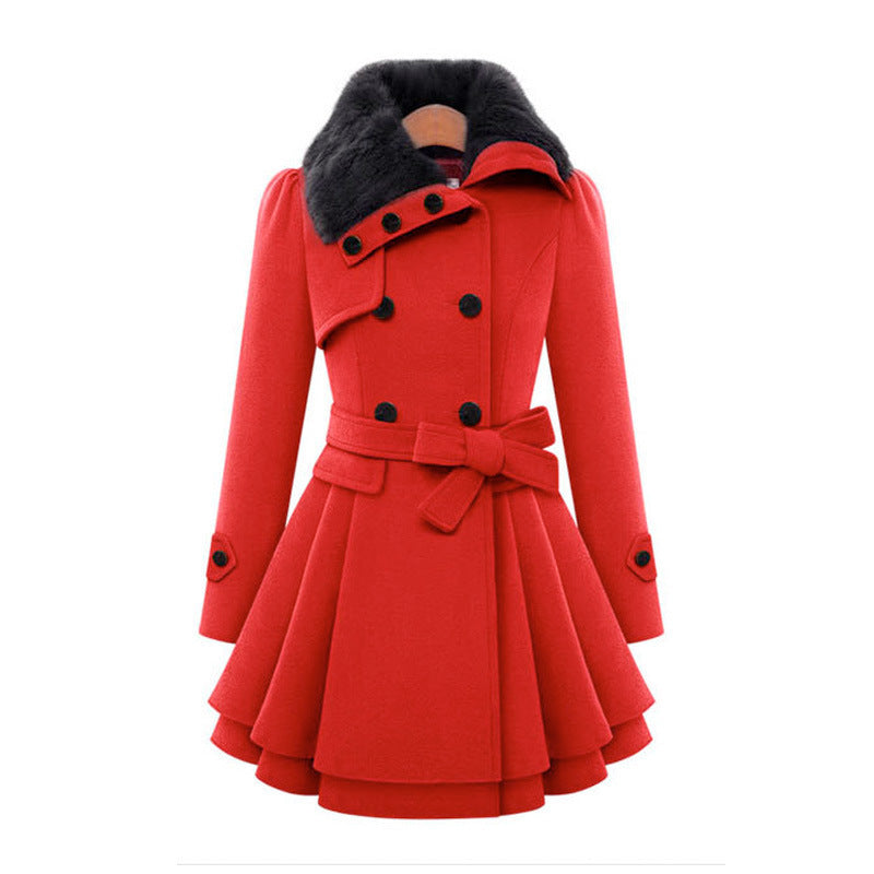 Trench long à ceinture et col en fausse fourrure pour femme