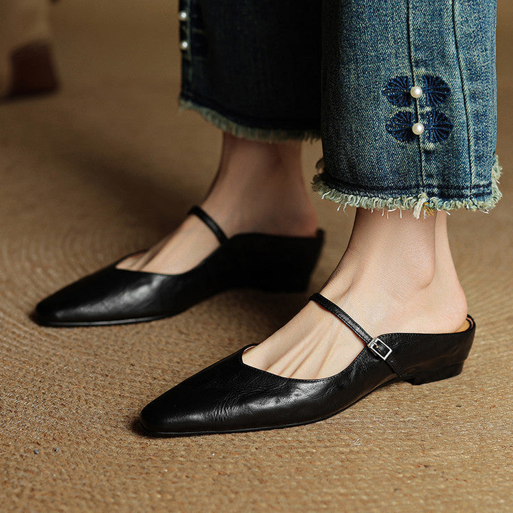 Mules Femme En Cuir Véritable À Bride Et Petit Talon