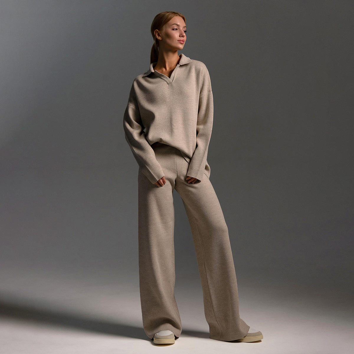 Ensemble Femme Deux Pièces Pantalon Large Et Pull Polo