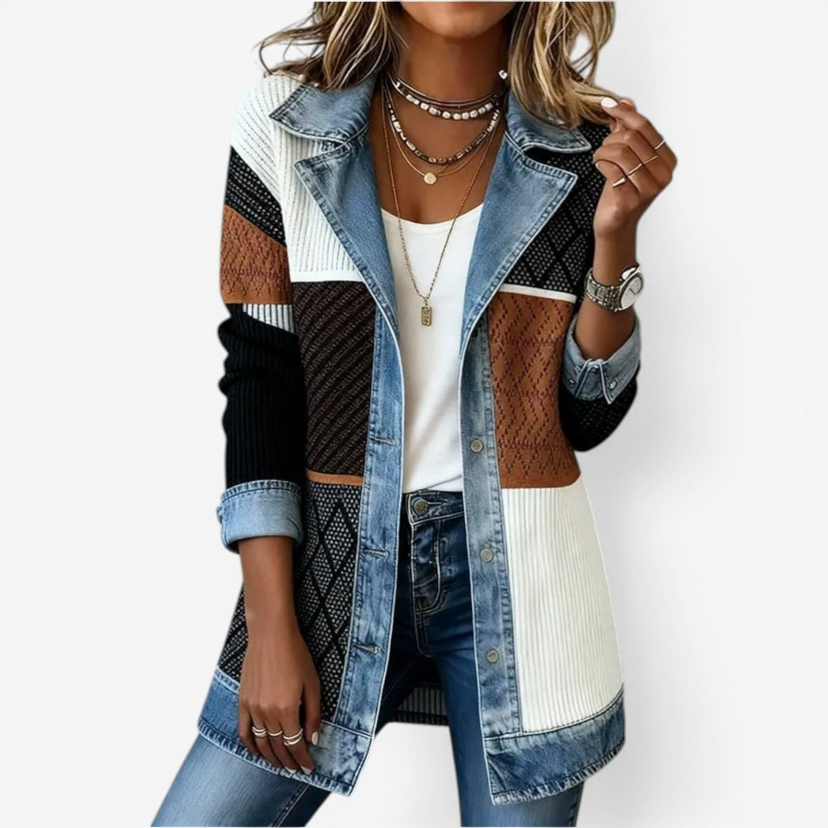 Veste Femme Boutonnée À Col Superposé Et Matières Mixtes