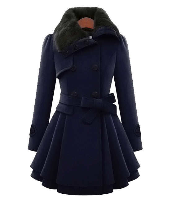 Trench long à ceinture et col en fausse fourrure pour femme