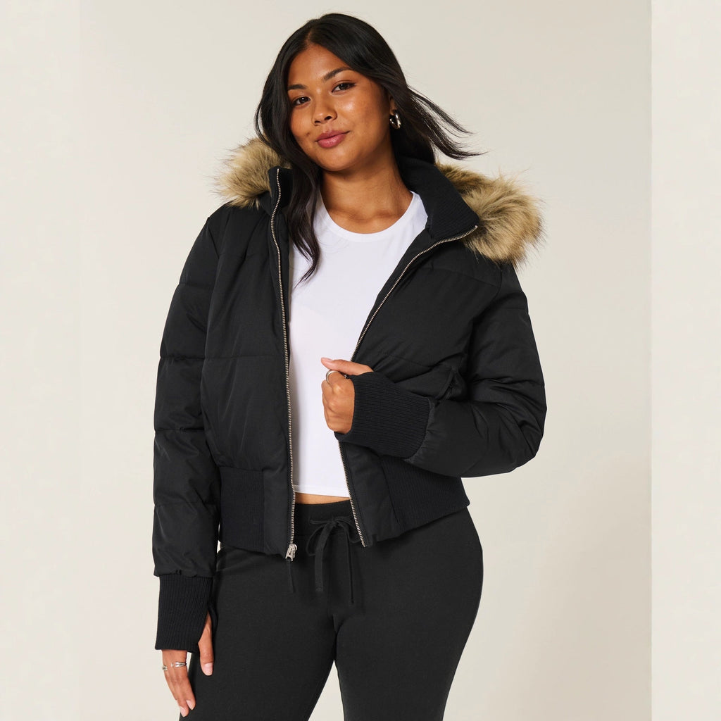 Manteau Femme Matelassé Court À Capuche Fourrure