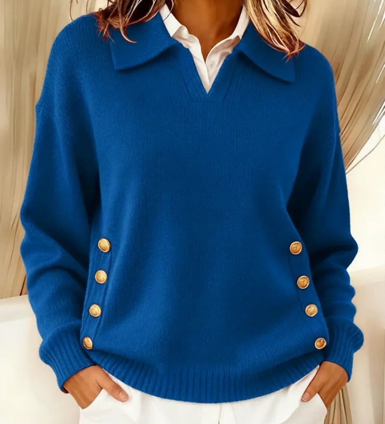 Pull Femme Col V En Mélange De Laine À Boutons Dorés