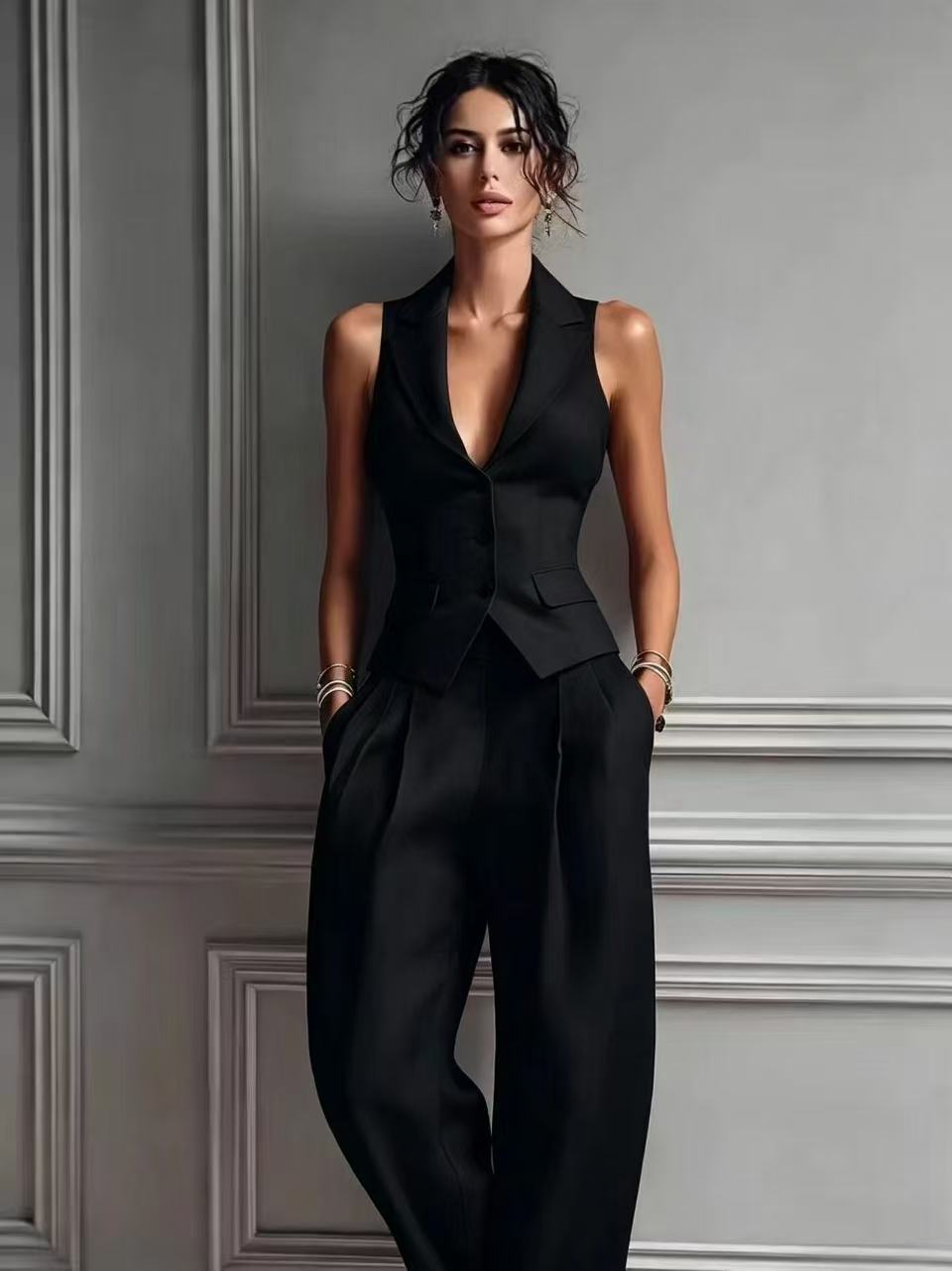 Ensemble deux pièces raffiné à col en V pour femme