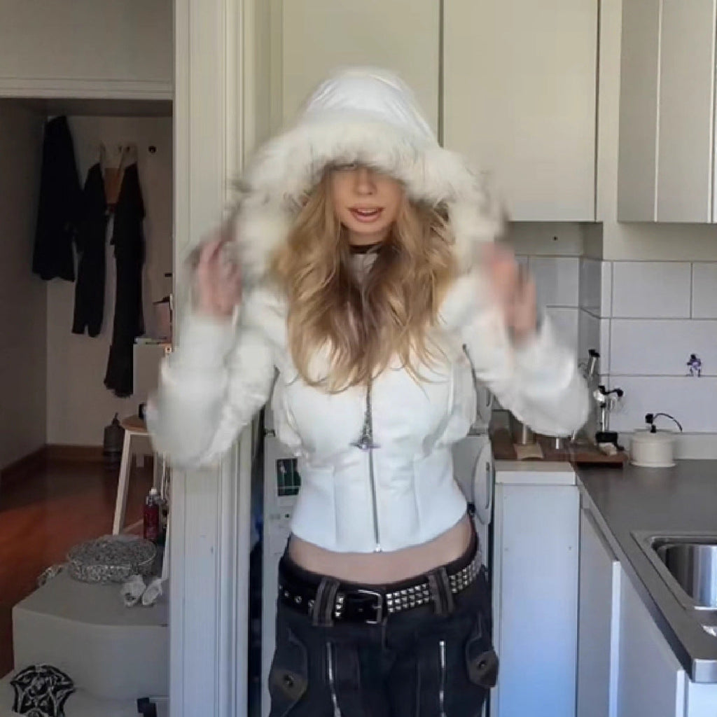 Manteau Femme Matelassé Court À Capuche Fourrure