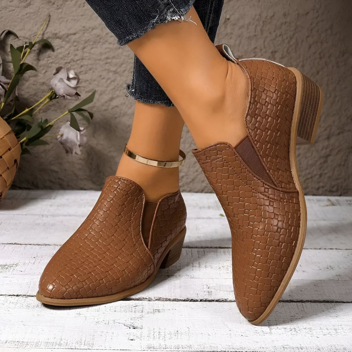 Chaussures Oxford Femme En Cuir Tressé À Talon Bloc