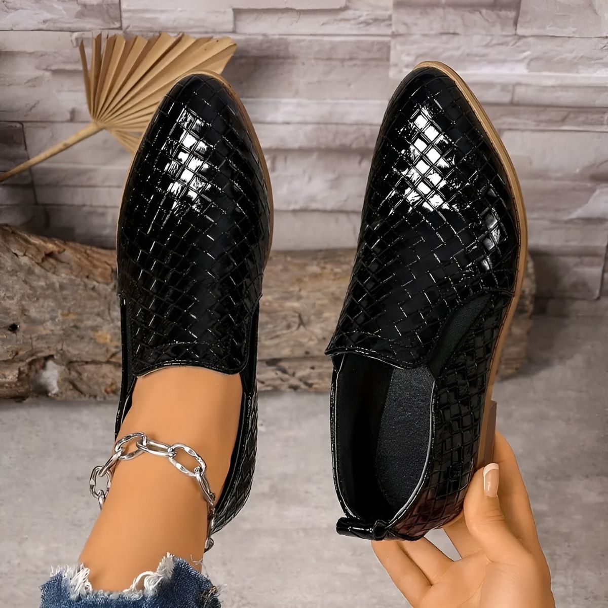Chaussures Oxford Femme En Cuir Tressé À Talon Bloc