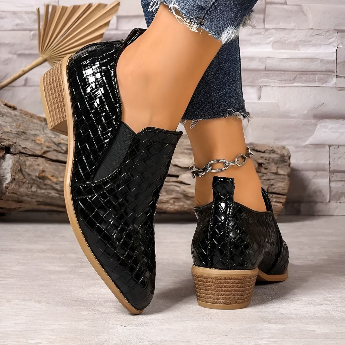Chaussures Oxford Femme En Cuir Tressé À Talon Bloc