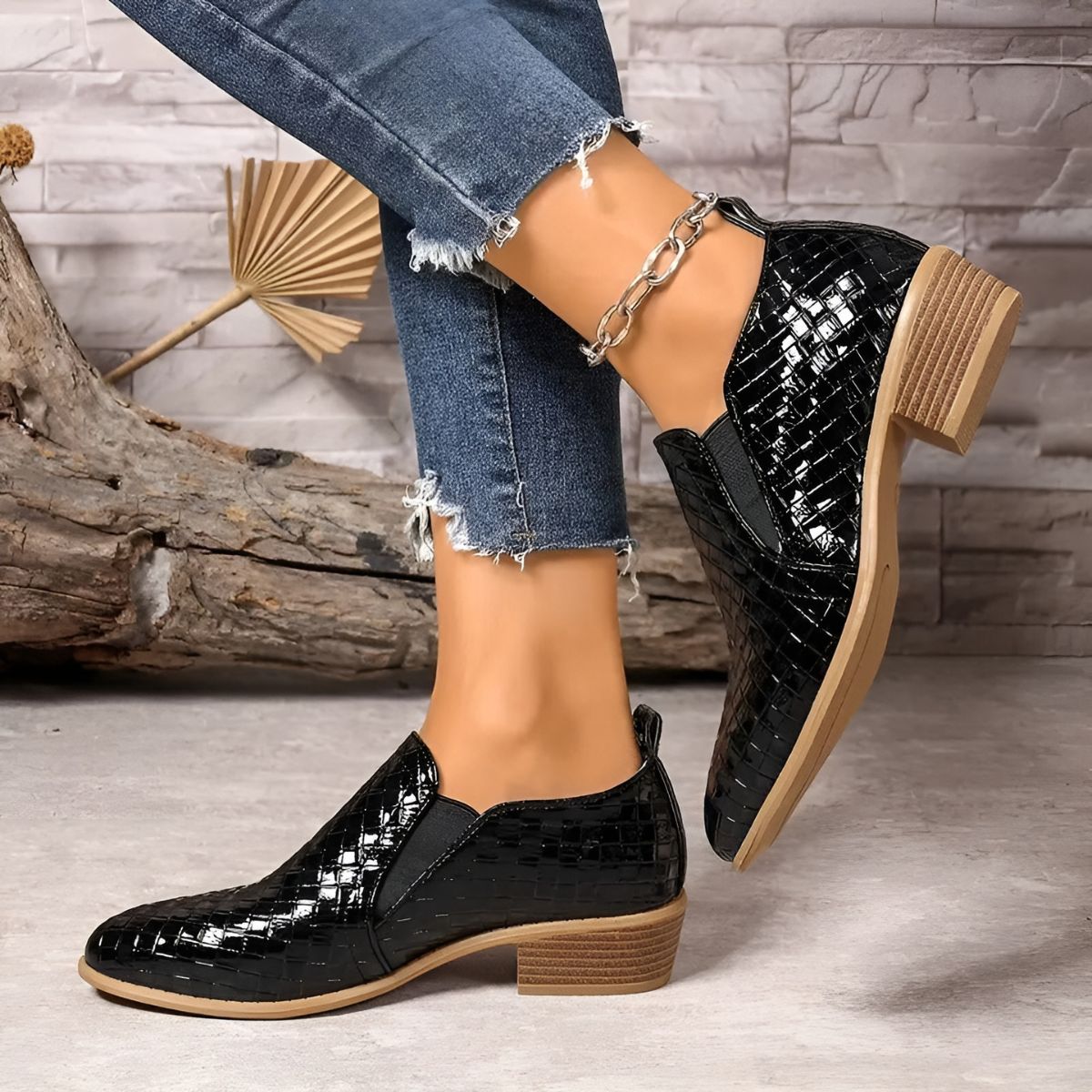 Chaussures Oxford Femme En Cuir Tressé À Talon Bloc