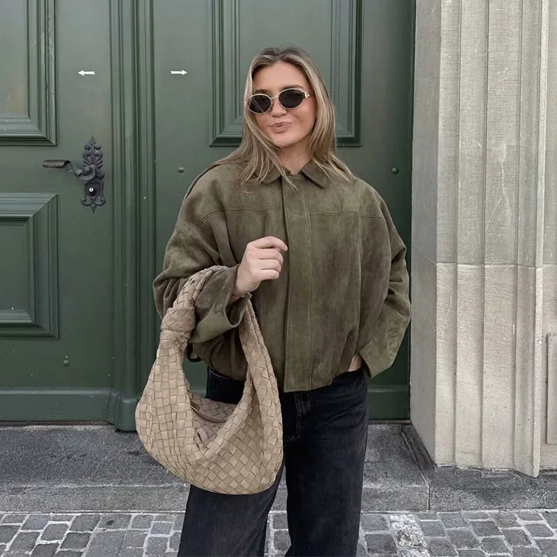 Bomber oversize vert olive à finition vintage pour femme