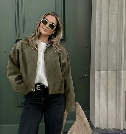 Bomber oversize vert olive à finition vintage pour femme