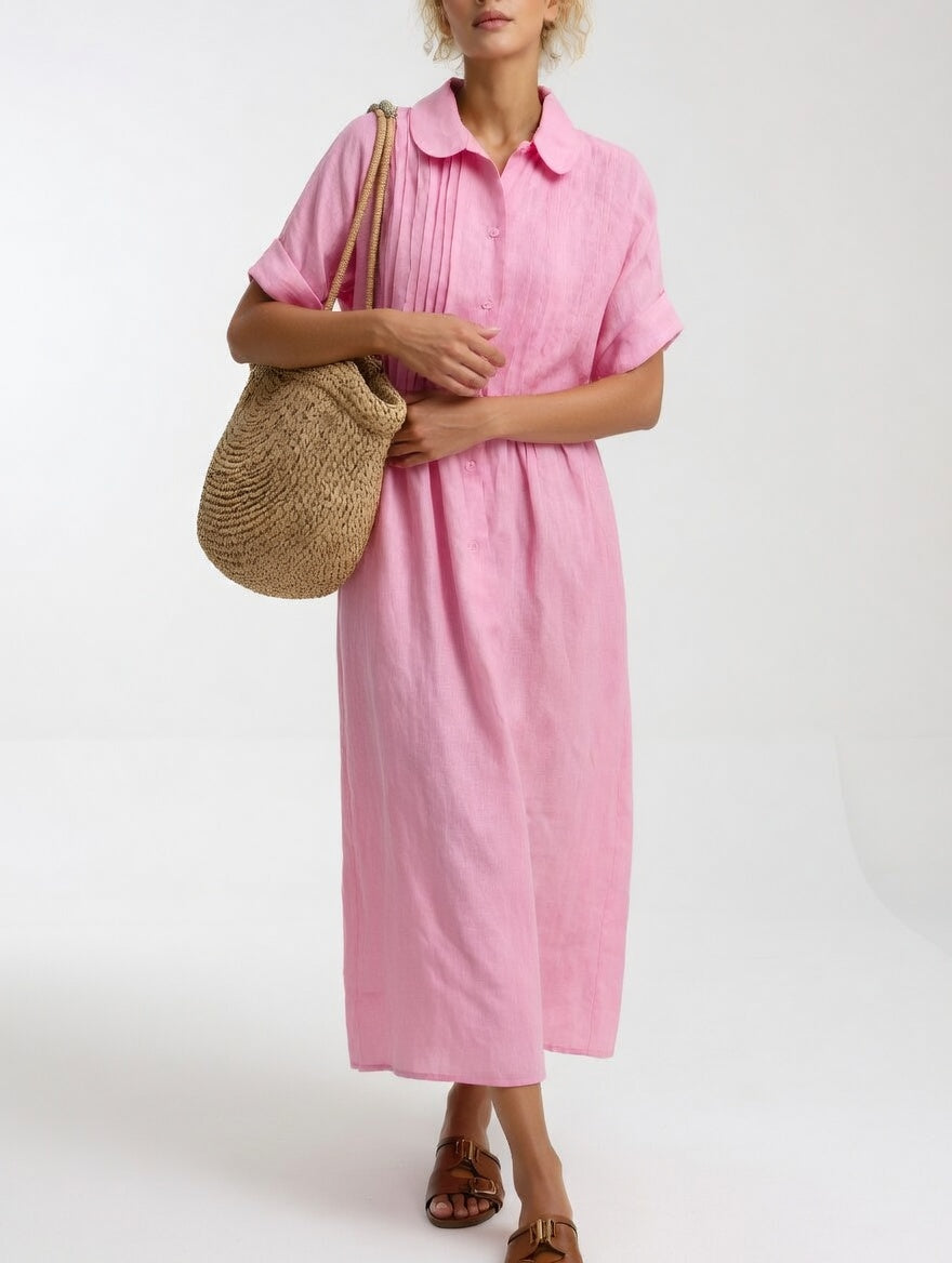 Robe Chemisier Longue Femme En Coton À Manches Courtes
