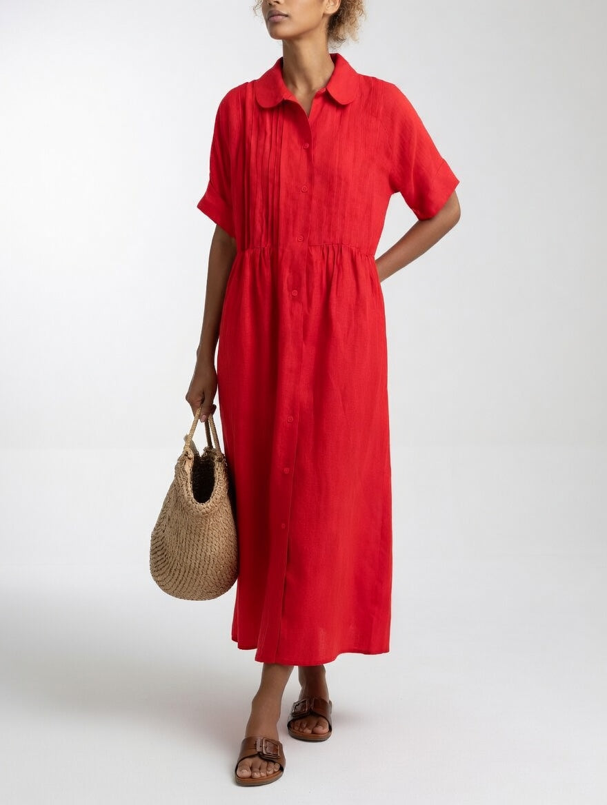 Robe Chemisier Longue Femme En Coton À Manches Courtes