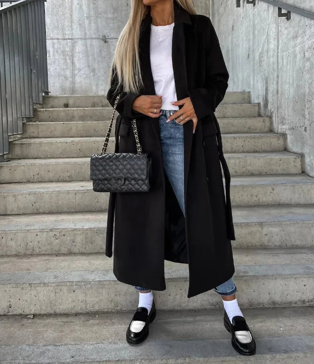 Manteau Femme Croisé À Revers Marqués Et Poches Latérales