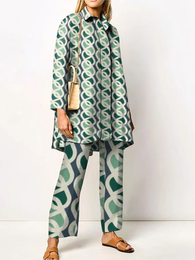 Ensemble Femme Deux Pièces Blouse Et Pantalon Imprimé Vintage