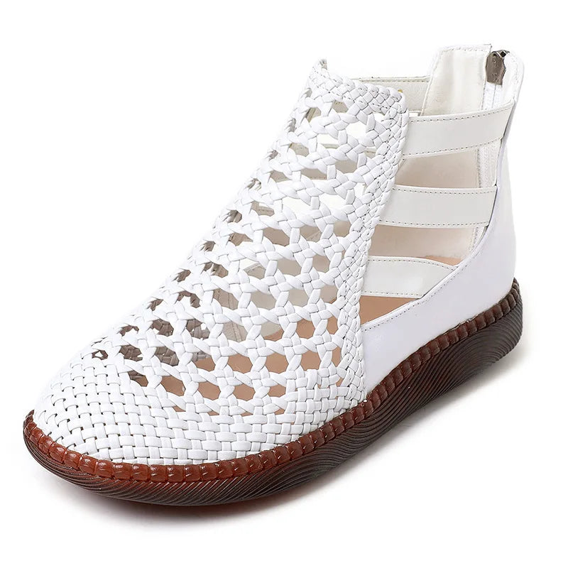 Sandales Femme En Cuir Ajourées À Bout Fermé Et Zip
