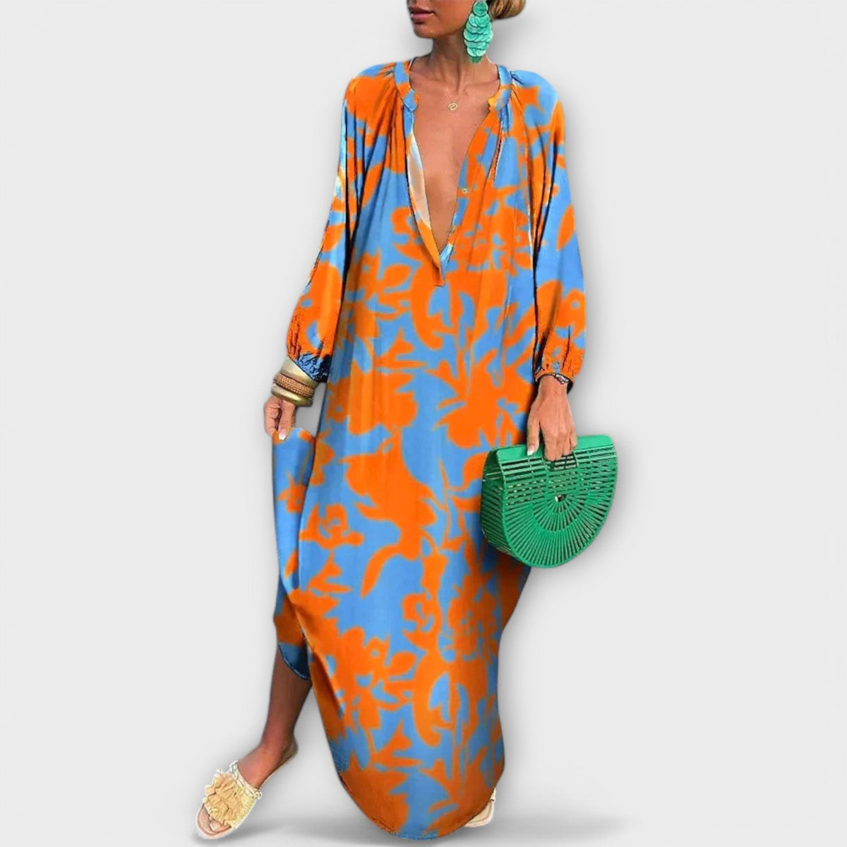 Robe Caftan Maxi Femme À Col V Et Manches Longues