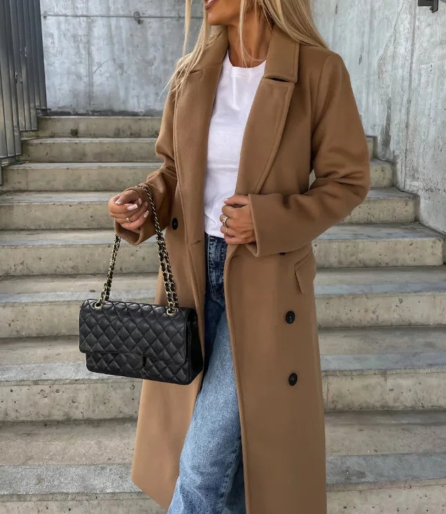 Manteau Femme Croisé À Revers Marqués Et Poches Latérales