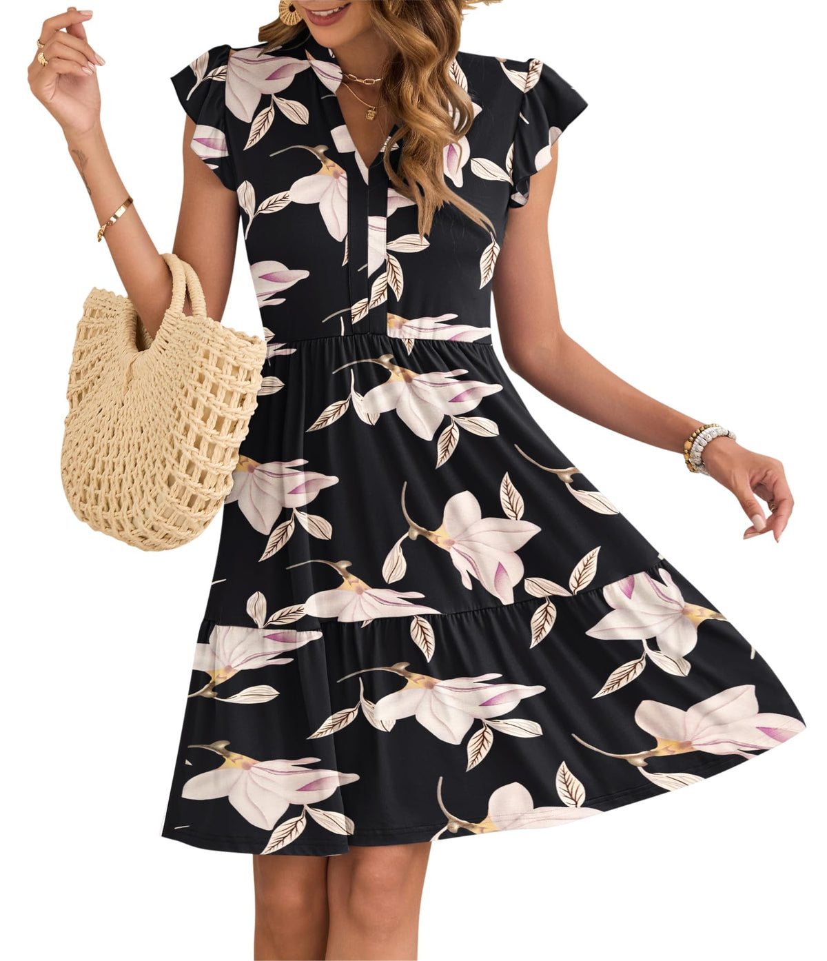 Robe Courte Femme À Volants Taille Élastique Et Poches