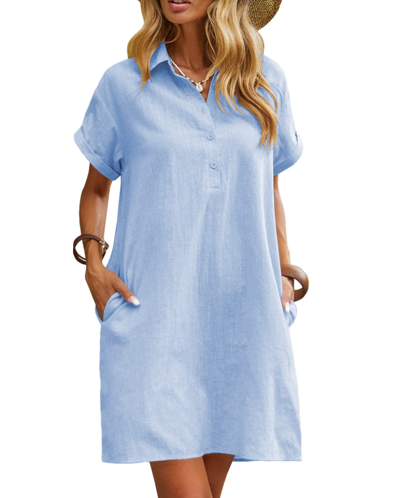 Robe Chemise Femme En Lin Et Coton Col V Boutonnée