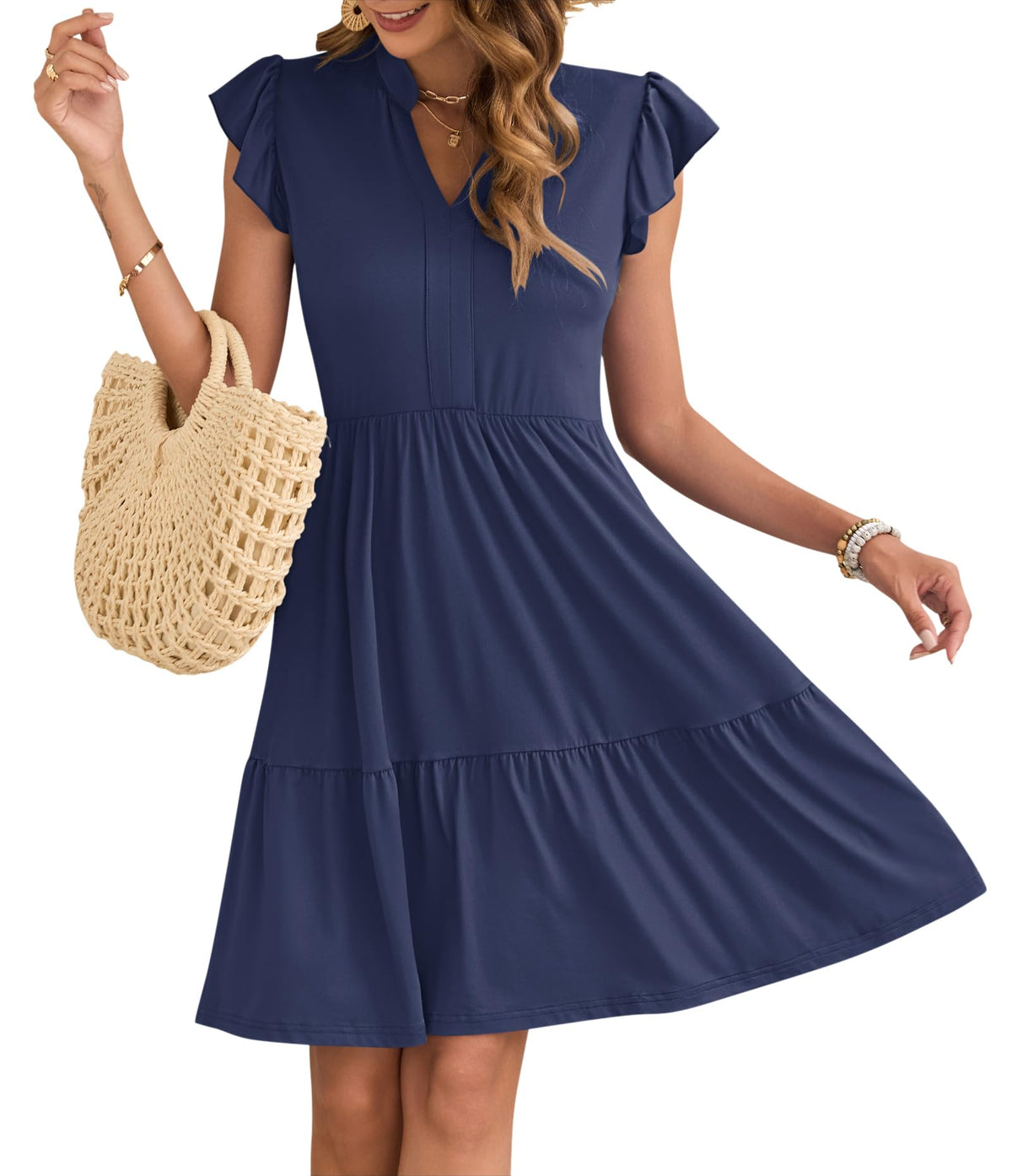 Robe Courte Femme À Volants Taille Élastique Et Poches