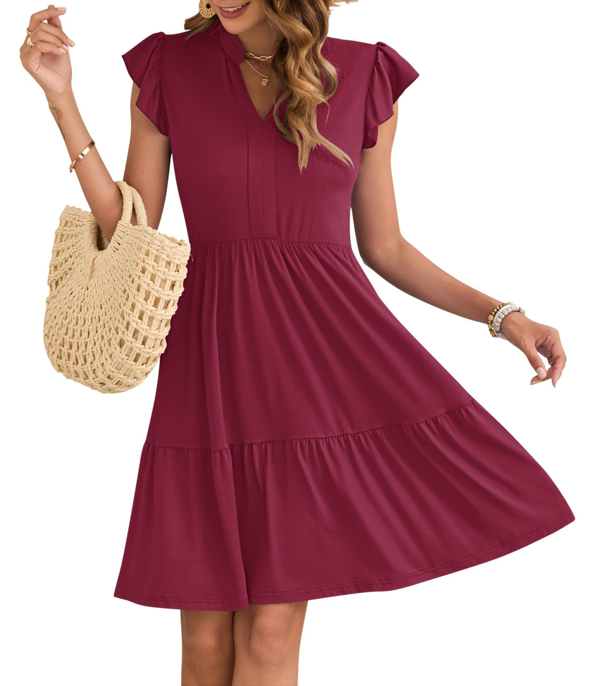 Robe Courte Femme À Volants Taille Élastique Et Poches