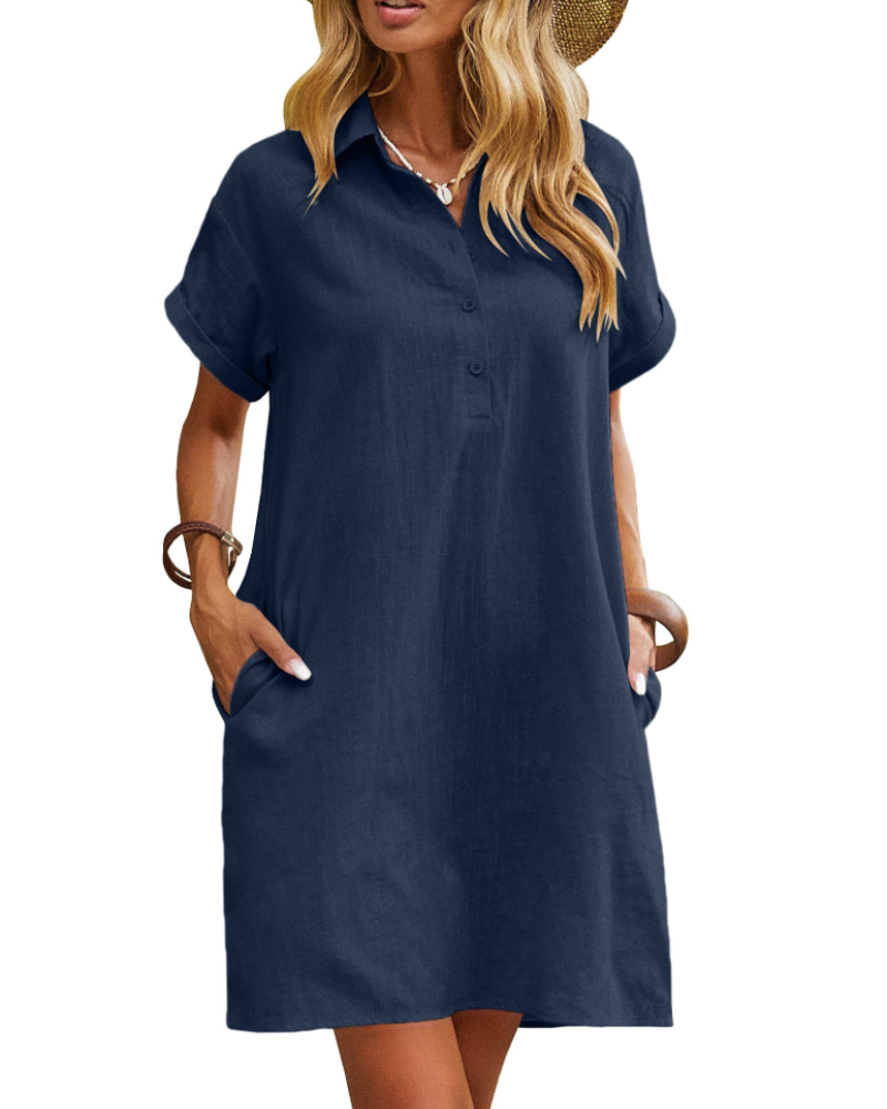 Robe Chemise Femme En Lin Et Coton Col V Boutonnée