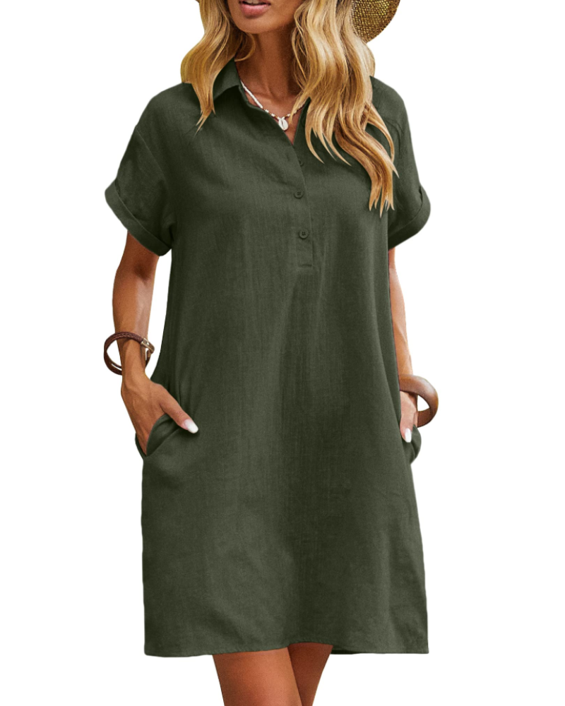 Robe Chemise Femme En Lin Et Coton Col V Boutonnée