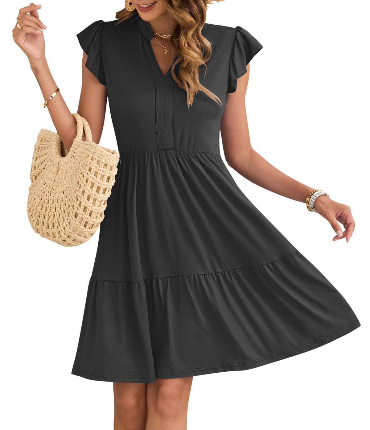 Robe Courte Femme À Volants Taille Élastique Et Poches