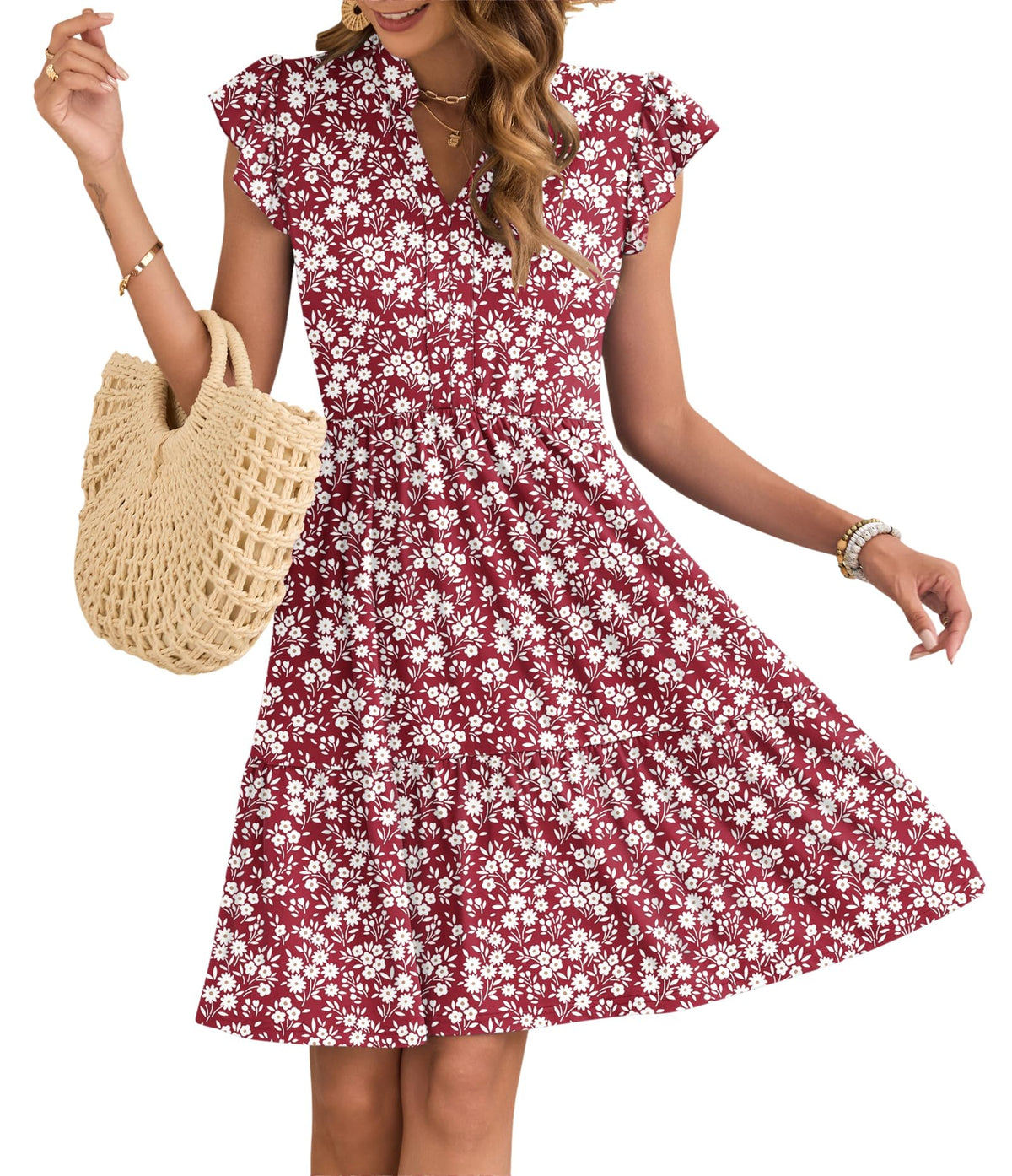 Robe Courte Femme À Volants Taille Élastique Et Poches