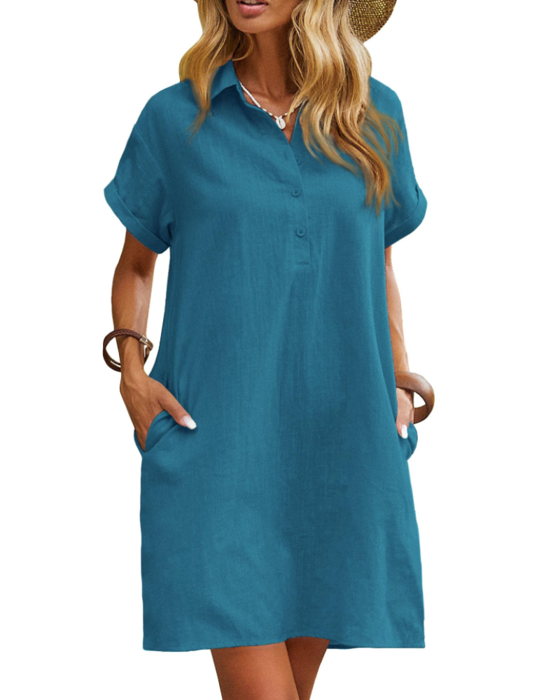 Robe Chemise Femme En Lin Et Coton Col V Boutonnée