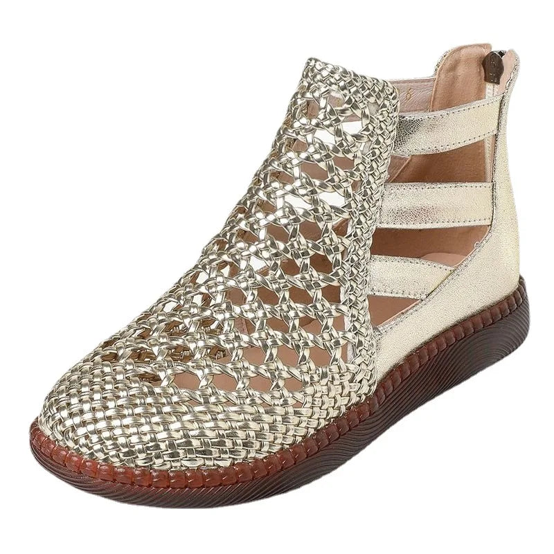 Sandales Femme En Cuir Ajourées À Bout Fermé Et Zip
