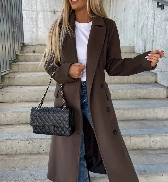 Manteau Femme Croisé À Revers Marqués Et Poches Latérales