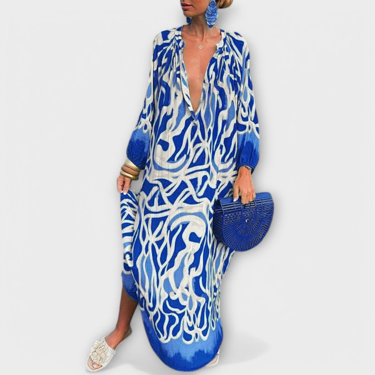 Robe Caftan Maxi Femme À Col V Et Manches Longues