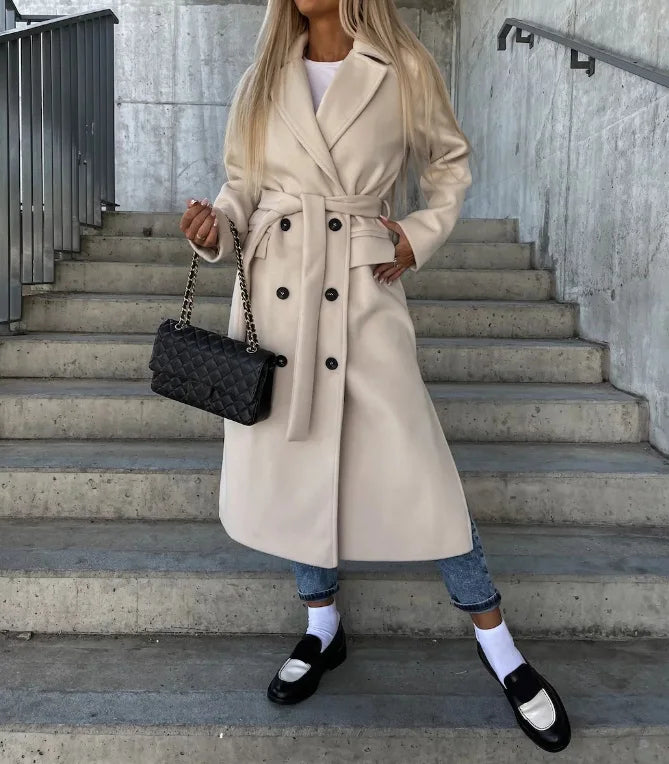 Manteau Femme Croisé À Revers Marqués Et Poches Latérales