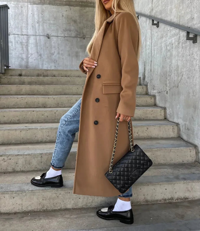 Manteau Femme Croisé À Revers Marqués Et Poches Latérales