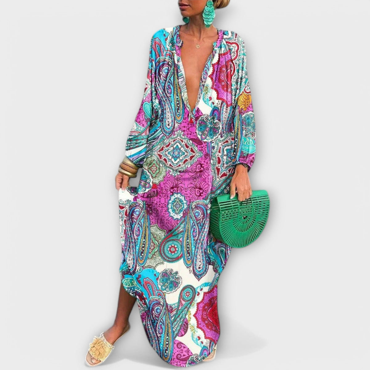 Robe Caftan Maxi Femme À Col V Et Manches Longues