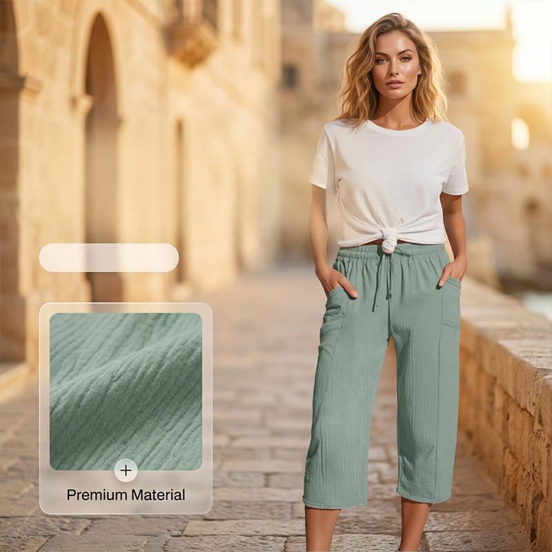 Pantalon Lin Femme Capri Coupe Ample Et Taille Élastique