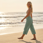 Pantalon Lin Femme Capri Coupe Ample Et Taille Élastique