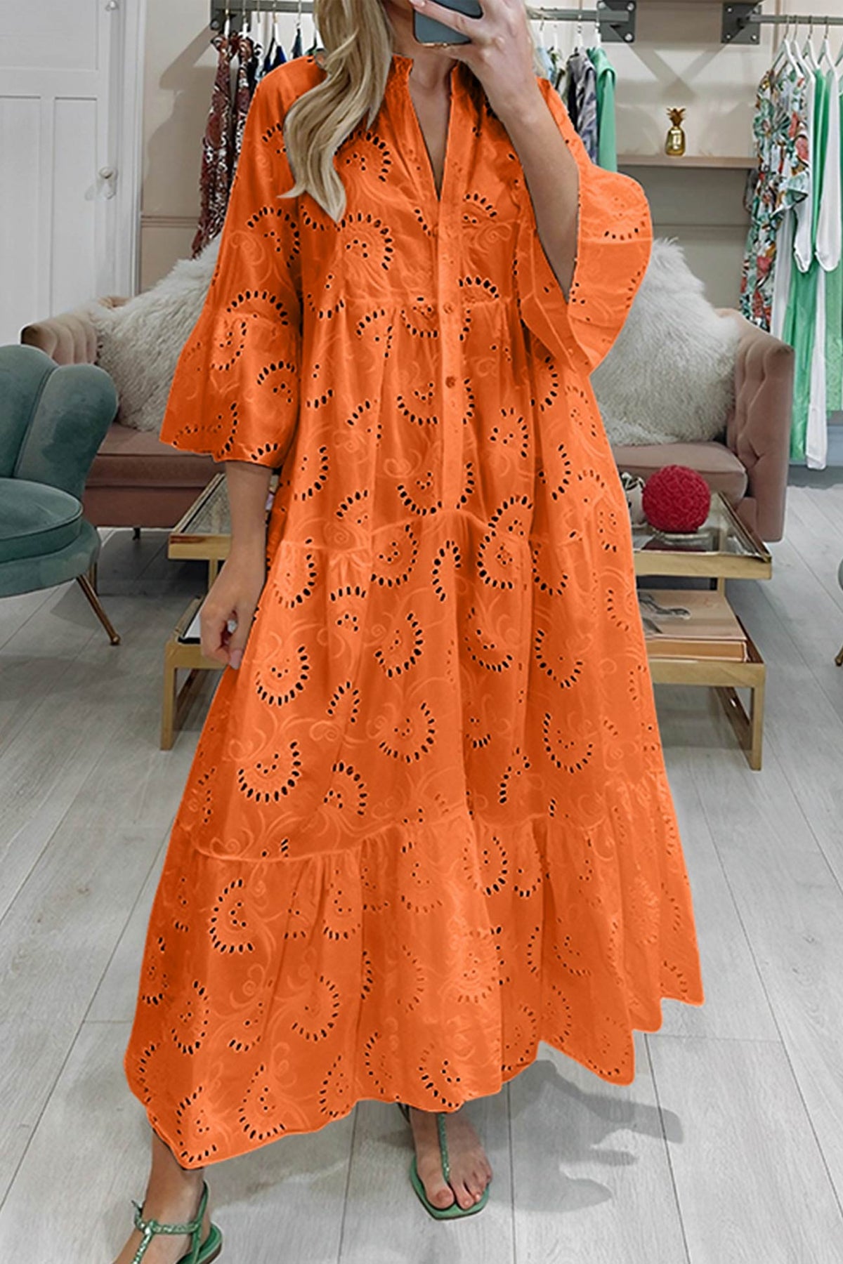 Robe Longue Femme En Coton Brodé Col V Manches Évasées