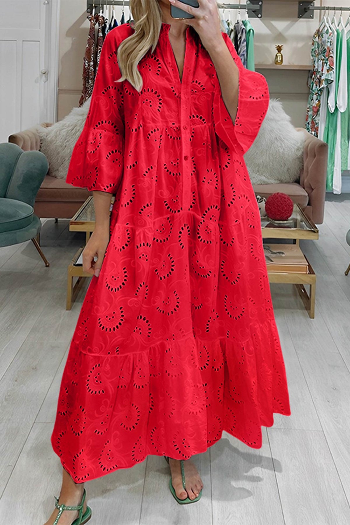 Robe Longue Femme En Coton Brodé Col V Manches Évasées