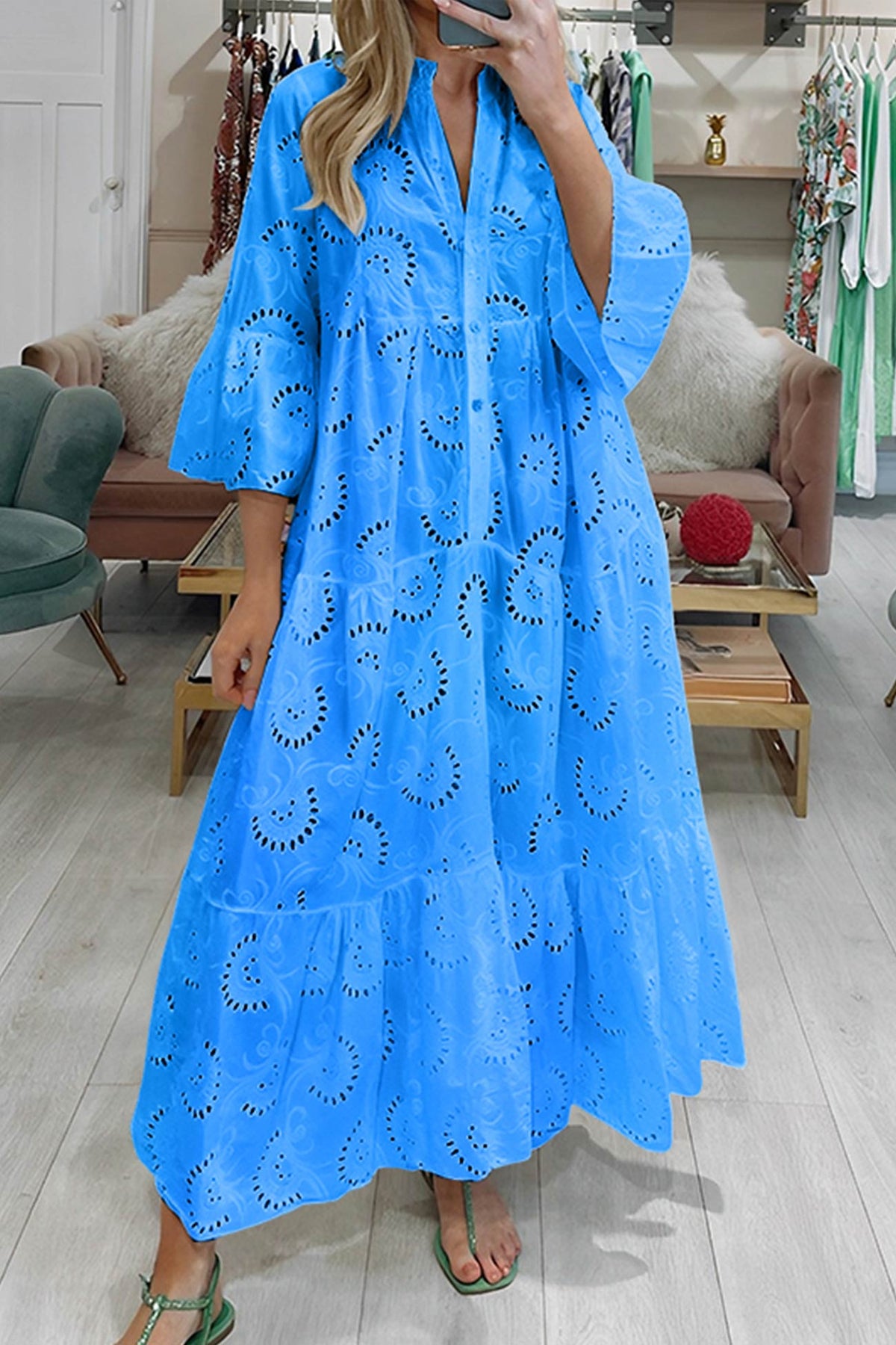 Robe Longue Femme En Coton Brodé Col V Manches Évasées