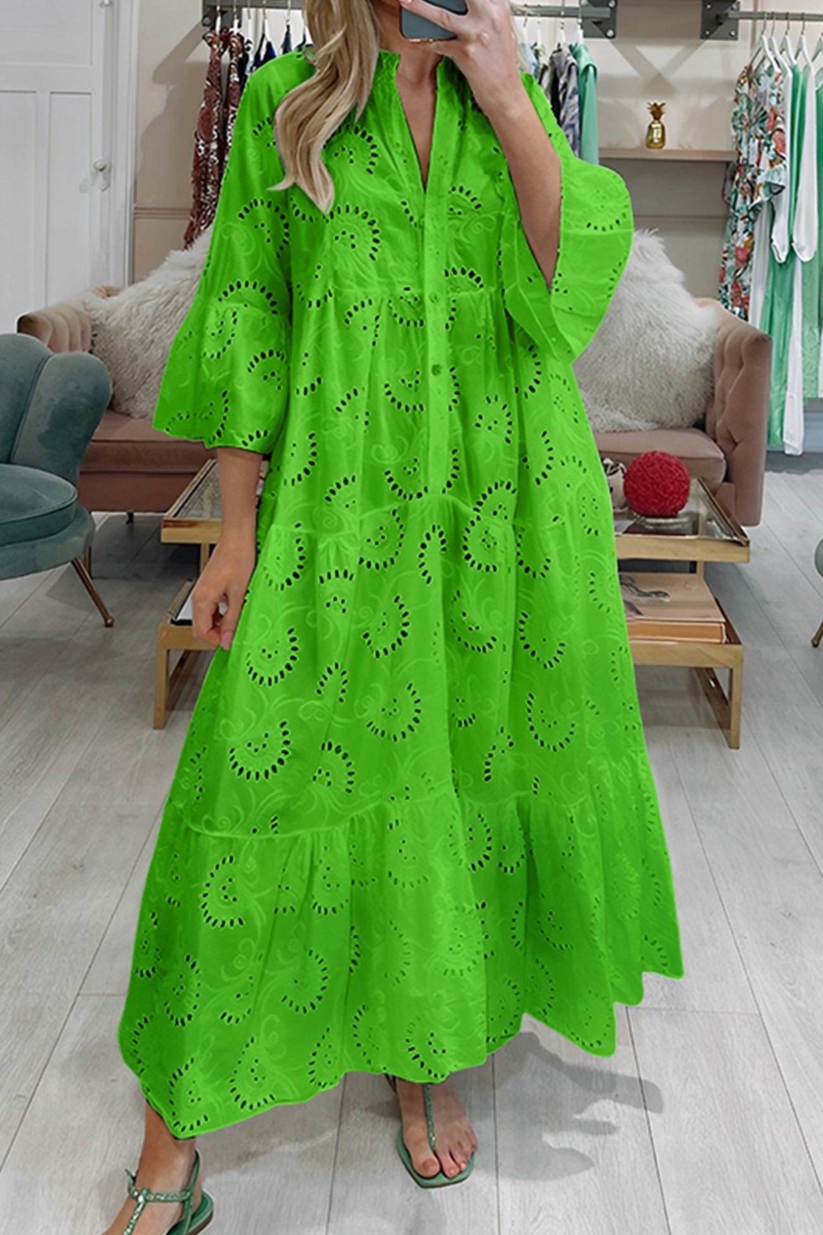 Robe Longue Femme En Coton Brodé Col V Manches Évasées