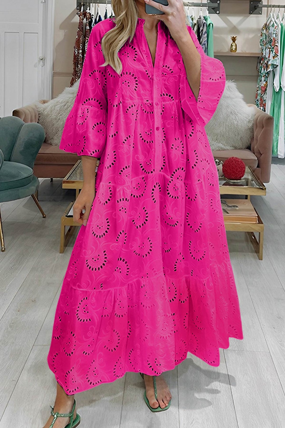 Robe Longue Femme En Coton Brodé Col V Manches Évasées