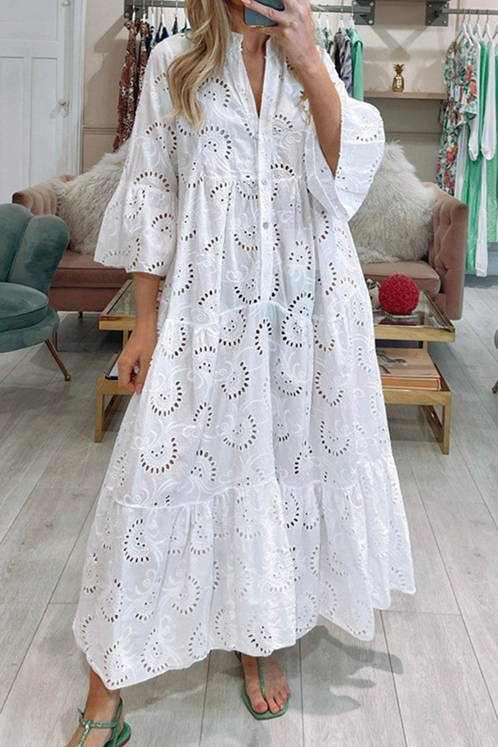 Robe Longue Femme En Coton Brodé Col V Manches Évasées