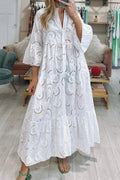 Robe Longue Femme En Coton Brodé Col V Manches Évasées