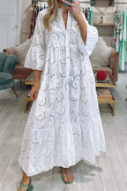 Robe Longue Femme En Coton Brodé Col V Manches Évasées