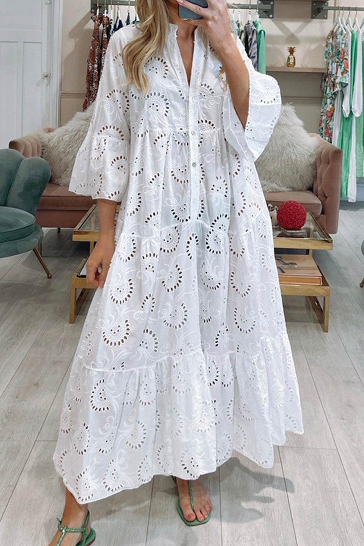 Robe Longue Femme En Coton Brodé Col V Manches Évasées