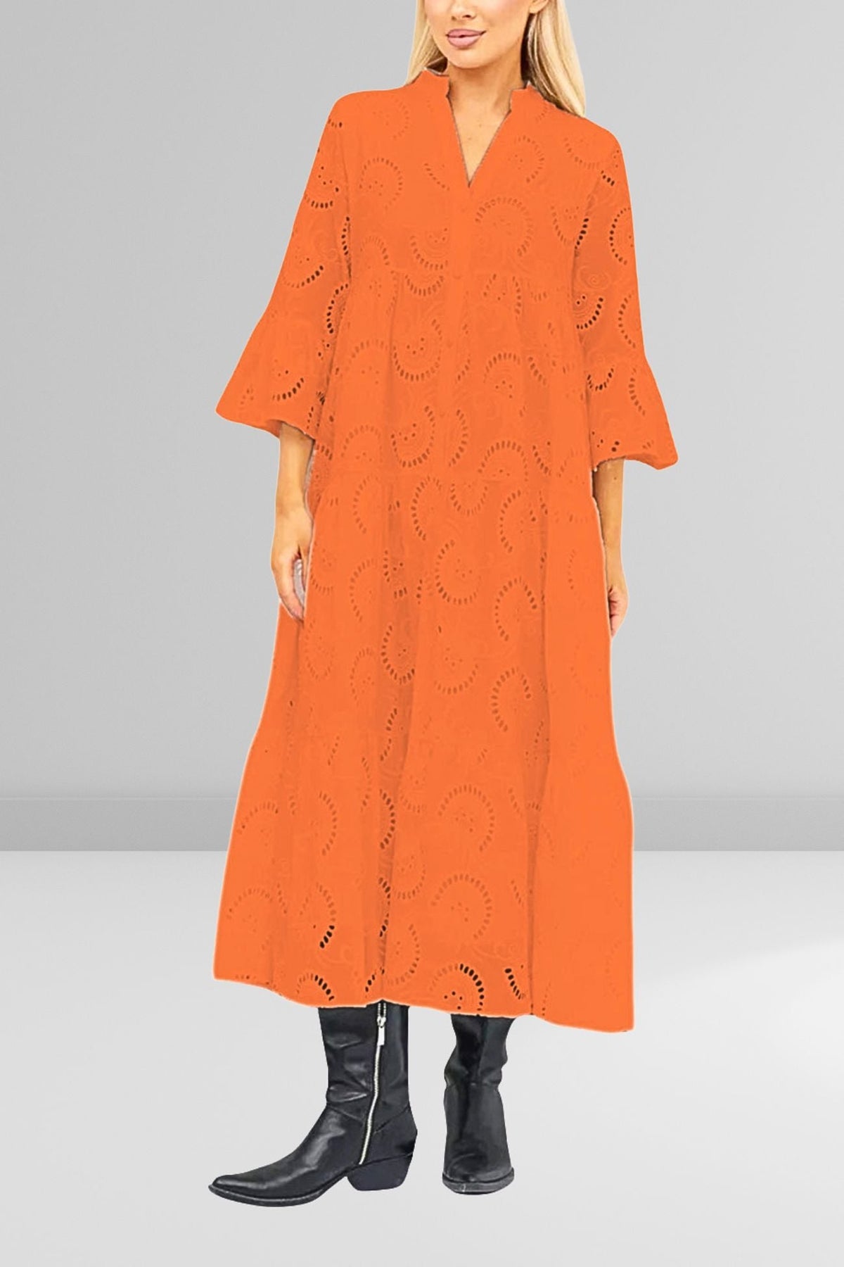 Robe Longue Femme En Coton Brodé Col V Manches Évasées